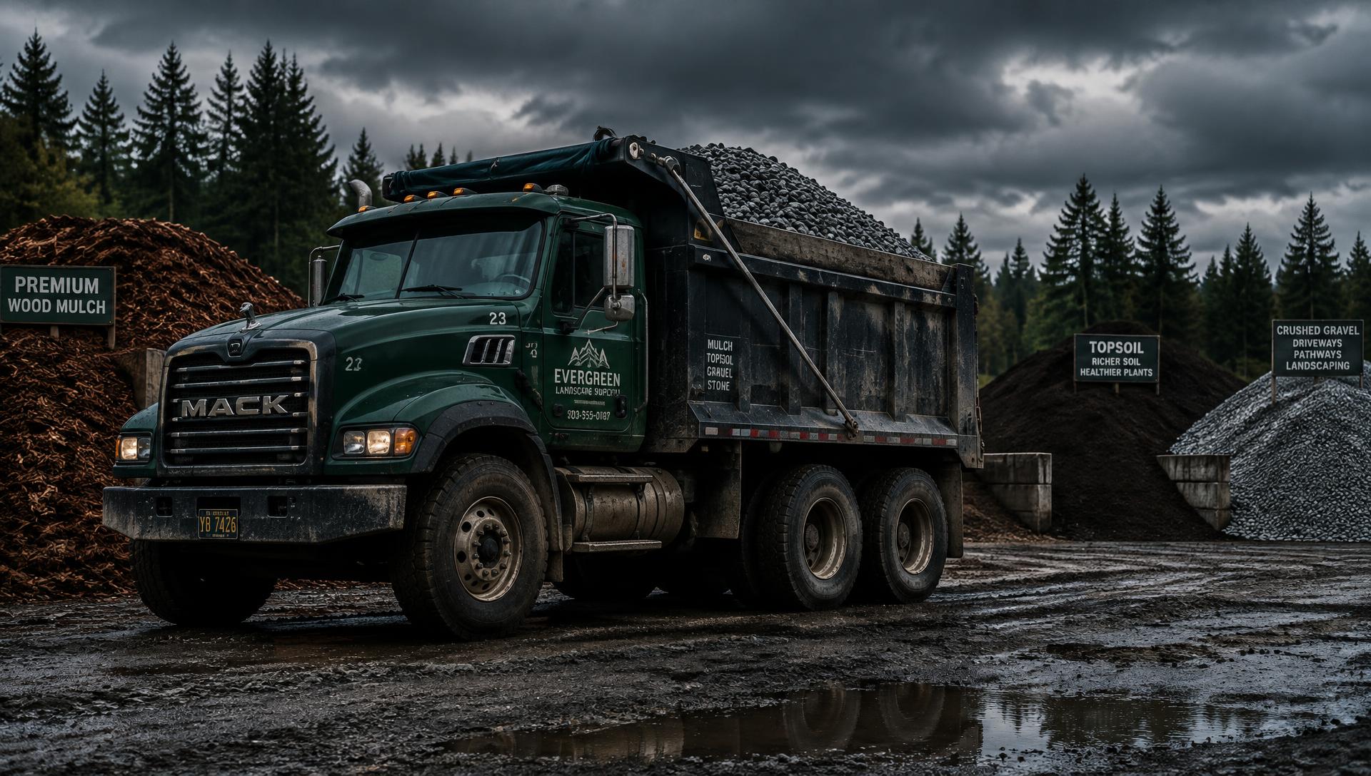 Dump truck loaded with crushed rock at a supply yard